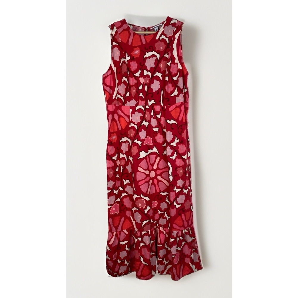 Rhode Womens 12 Red Pink White Floral Sleeveless Linen Blend Ruffle Sheath Dress